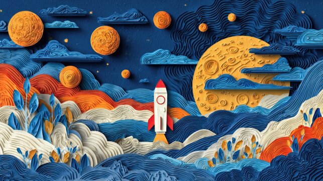 A whimsical rocket ascends through an abstract, textured landscape of moons and clouds