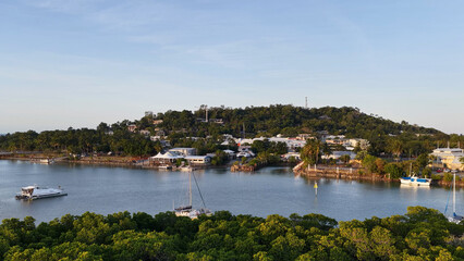 Fototapeta premium Aerial View of Port Douglas Waterfront with Mangroves and Boats