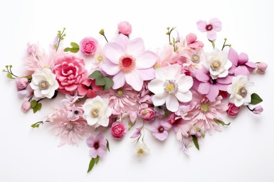 Delicate handcrafted paper flowers arranged as a beautiful horizontal floral composition on white background