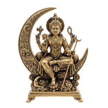 hindu god Moon God statue, Miniature Chandra devidol in brass, front-facing, transparent PNG

