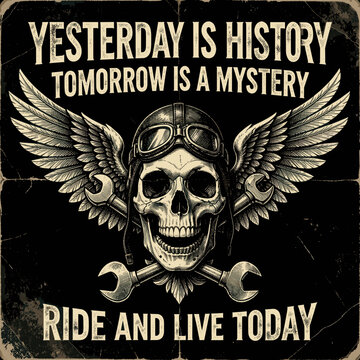 Vintage Tattoo Style Skull with Wings and Tools Graphic Design