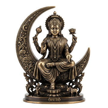 hindu god Moon God statue, Miniature Chandra devidol in brass, front-facing, transparent PNG

