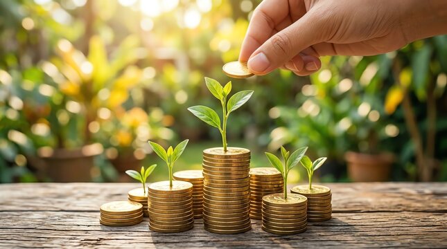 Growth and investment concept with a hand placing coins on a stack of coins with a young plant sprouting