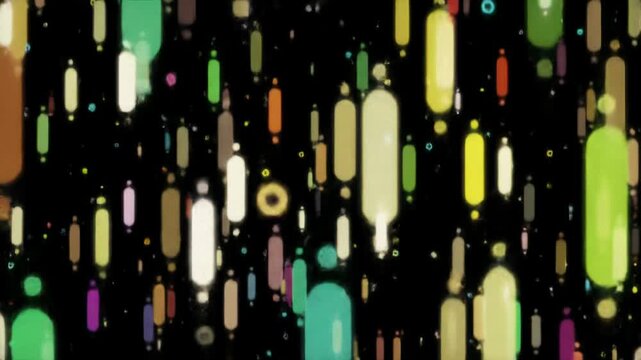 Luminous, vibrant rounded rectangles and tiny glowing dots in a rich color palette cascade fluidly on black, creating a high-tech data stream. Abstract digital art