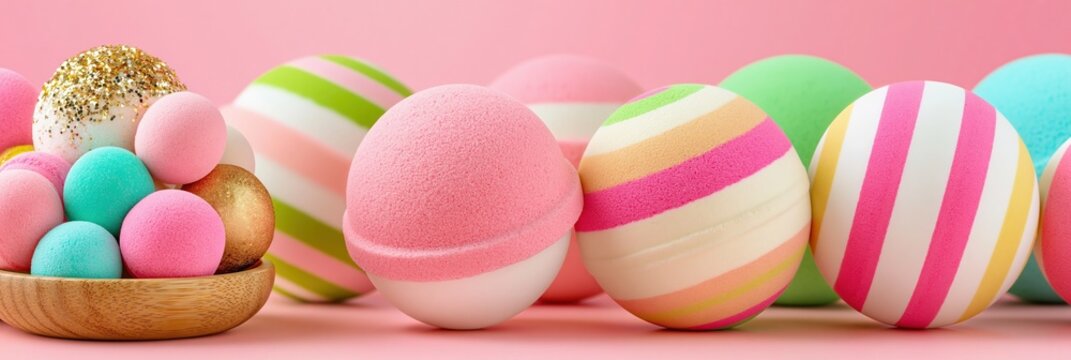 Colorful bath bombs arranged in a wooden bowl with striped spheres against a pink background for spa
