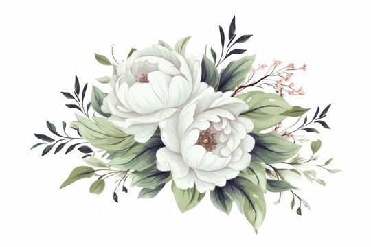 Watercolor illustration depicting a bouquet of white peonies, green leaves, and small branches