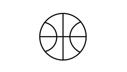 Fototapeta premium Minimalist black outline icon of a basketball showing its characteristic ribbed patterns and segments on a plain white background.