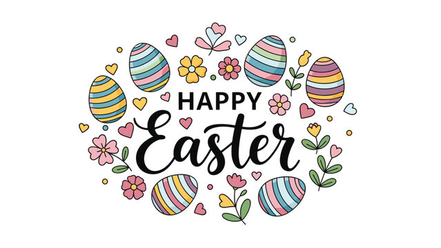 Colorful festive greeting card design for happy easter featuring patterned eggs flowers and hearts in a decorative oval wreath layout.