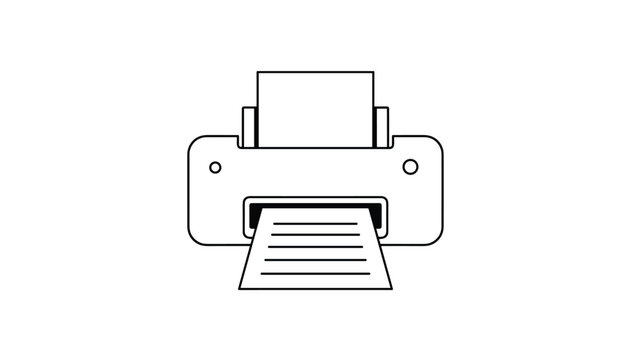 Minimalist line art illustration of a paper printer device showing a printed document coming out on a plain white background.