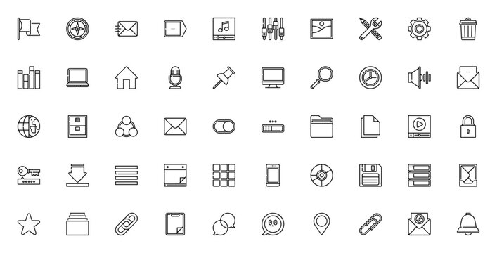 UI 5865 icon set. Minimal thin line web icons. Vector illustration. Featuring red flag, compass, email, tag, audio, image, wrench, settings and more.