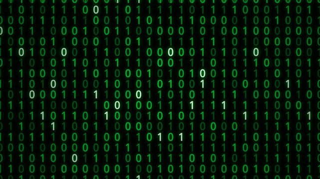 Green binary code streaming down a black background, simulating a computer screen with scrolling digital data.