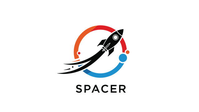 Spacer logo design featuring a black rocket ship ascending through a vibrant multicolored circular frame on a plain white background for branding.