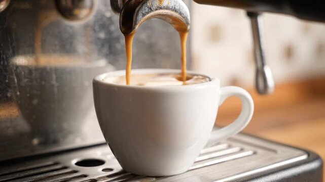Close Up of Coffee Machine Pouring Espresso Into White Cup On Silver Metal Base With Blurred Background And Neutral Lighting