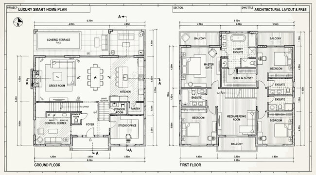Detailed architectural layout and ffe plan for a luxury smart home