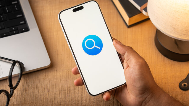 Apple Spotlight logo is displayed on a smartphone screen in Bangalore, India, on May 15, 2026
