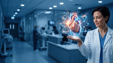 Fototapeta premium Medical professional demonstrating heart technology in hospital lab healthcare innovation