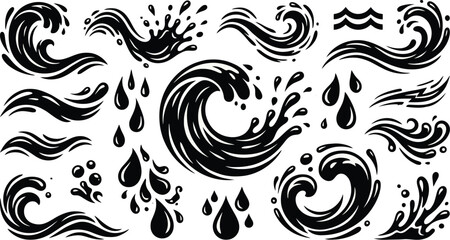 Fototapeta premium Water waves, liquid drops, and splashes, set of abstract flowing elements.