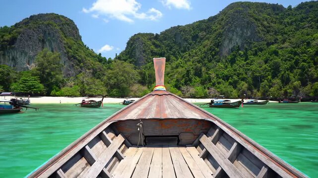 A first-person pov video from a traditional thai longtail boat slowly approaching a pristine beach with towering limestone karsts in crystal-clear turquoise water under a cerulean sky. Concept of