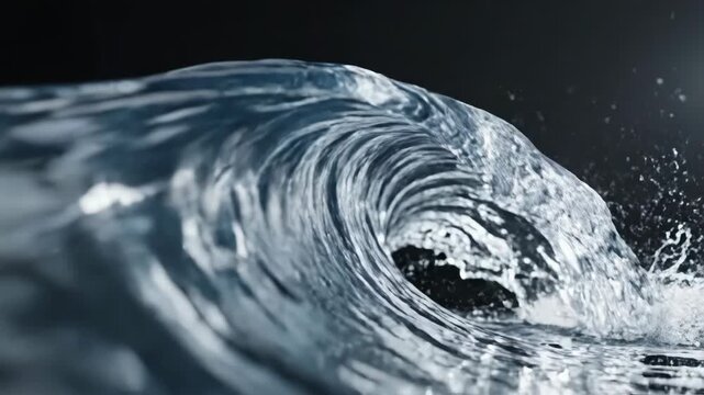 Macro studio shot of a clear liquid wave curling and forming a crest against a dark black background, featuring realistic water surface ripples, glassy texture, and bright highlights.