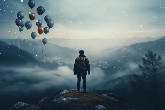 Man standing on a misty mountain top, observing a valley with floating balloons
