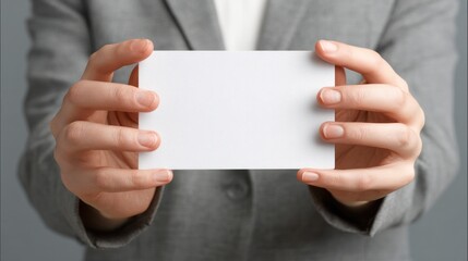 Fototapeta premium Business Card Handheld: A professional person in a suit holds a blank business card, ready for contact information and networking. A concept for business identity and communication.