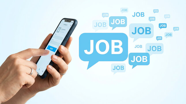 Digital job searching concept with a hand holding a smartphone, illustrating online career opportunities and employment applications through mobile technology