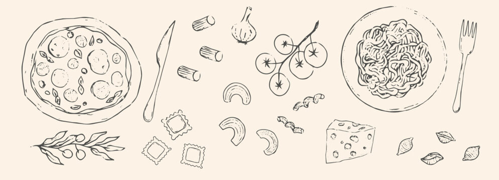 Italian food pizza and pasta hand drawn sketch. Mediterranean cuisine, mediterranean pasta types line doodle. Farfalle, fusilli, fettuccine, linguine.