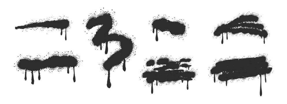 Spray paint set aerosol effect, graffiti squiggly lines with paint drips. Graffiti grunge paint shapes with spots and drops. Abstract paint brush stroke.