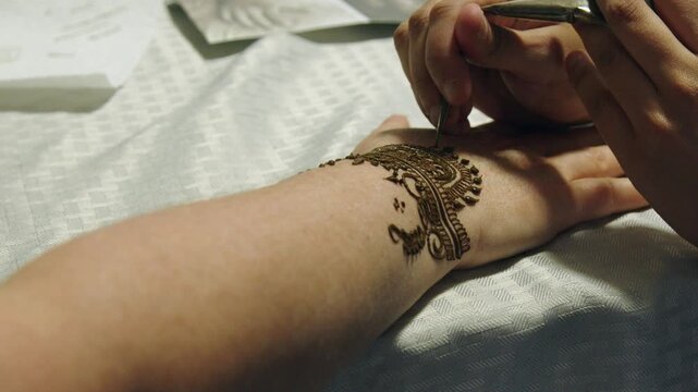 Traditional Indian geometric design applied to woman's hand with henna
