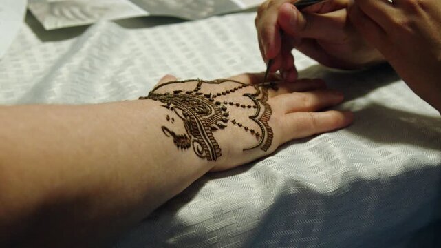 Close-up: Mehendi henna design drawn onto back of woman's hand