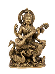 Obraz premium hindu god Saraswati maa statue, Miniature Sarasswati maa idol in brass, front-facing, transparent PNG