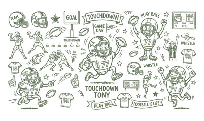 Naklejka premium Vintage 1930s Rubber Hose Style American Football Mascot and Game Day Sports Doodle Set