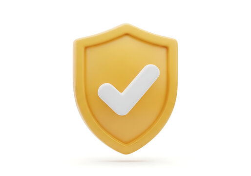 3D render of yellow security shield icon with white checkmark security protection verified guarantee approval validation shielding confirmed acceptance checkbox abstract
