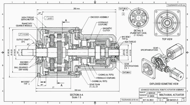 Technical blueprint of a multiaxial robotic actuator assembly
