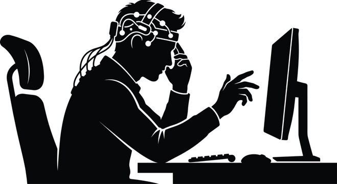 Black vector silhouette of a neurotechnology developer wearing a brain computer interface headband gesturing toward a virtual display