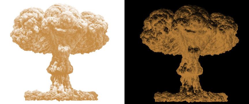 Vintage nuclear explosion mushroom cloud, sepia atomic bomb blast on white and black backgrounds, historical war destruction and power concept