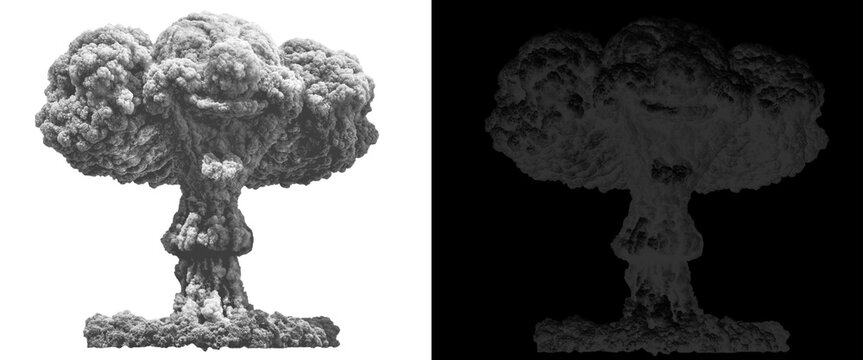 Nuclear mushroom cloud explosion on white and black backgrounds, atomic bomb blast smoke, powerful volcanic eruption plume, set of two assets