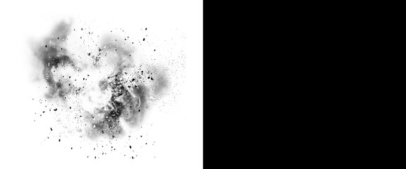 Explosive black smoke cloud with debris, realistic dark powder blast on white background, cinematic soot burst and charcoal dust particles