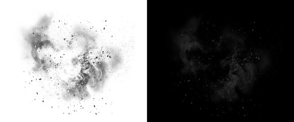 Explosive black powder burst with flying debris, dark smoke cloud splash on white background, cinematic dust particles and soot explosion © Stocker BD