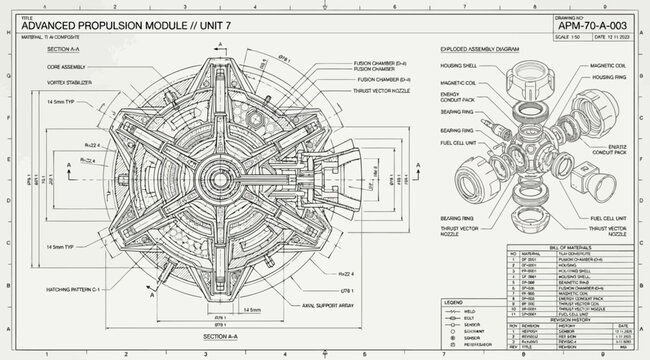 Technical blueprint of advanced propulsion module unit 7 with symmetrical multi‑axis design, exploded perspective view, labeled components, connectors, housing units, couplings, and energy conduits