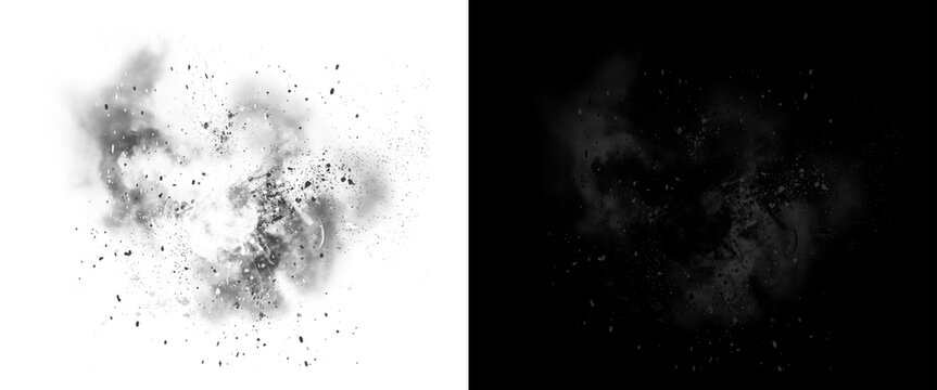 Explosive black powder burst with flying debris, dark smoke cloud splash on white background, cinematic dust particles and soot explosion