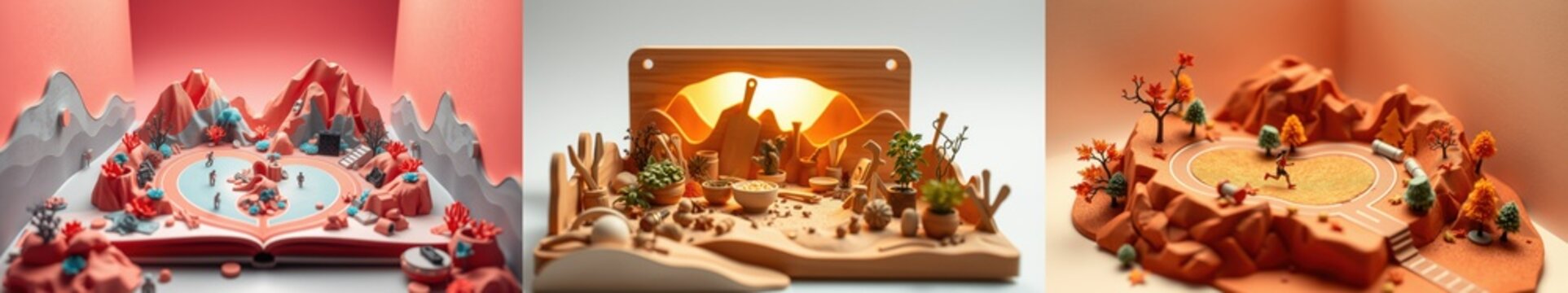 Miniature dioramas depict winter, desert, canyon scenes. Sculpted landscapes feature tiny figures, structures, warm lighting. Artistic presentation.