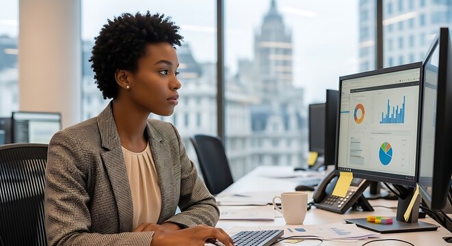Focused Black Businesswoman Working on Computer in Modern Office with City View