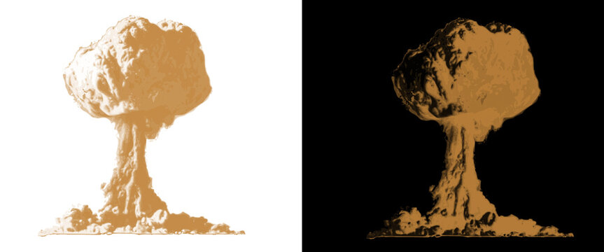 Vintage nuclear explosion mushroom cloud, retro sepia atomic blast illustration, stylized war explosion icon set on black and white backgrounds
