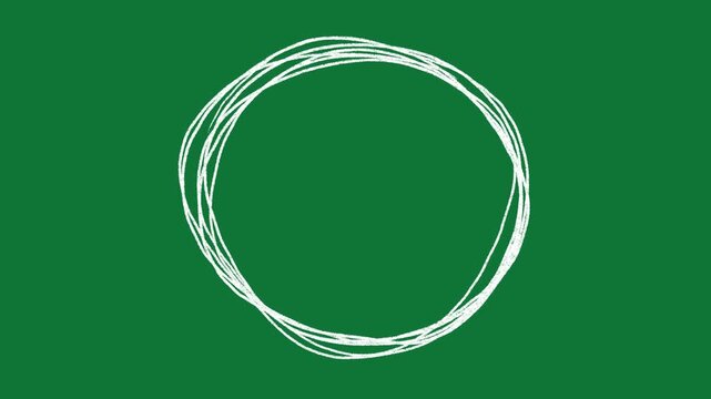 Hand Drawn White Chalk Circle Ring Animation Overlay with Messy Multi Line Doodle Accent Elements on Green Screen