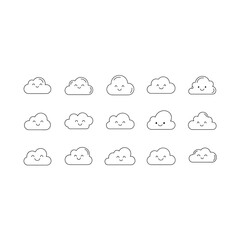 Obraz premium Minimalist set of simple smiling cartoon cloud icons with line art, weather fore