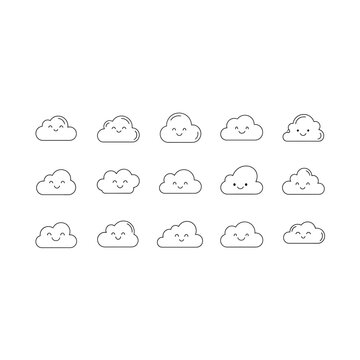 Minimalist set of simple smiling cartoon cloud icons with line art, weather fore