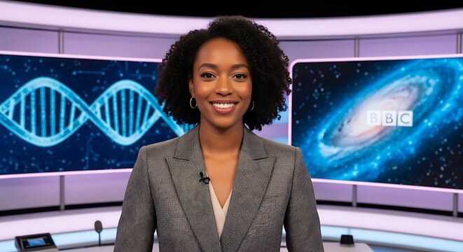 Smiling African American Woman News Reporter in Studio with DNA and Galaxy Screens