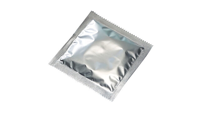 Silver rectangular foil packet or condom packaging wrapper mockup for personal protection medical hygiene on transparent background