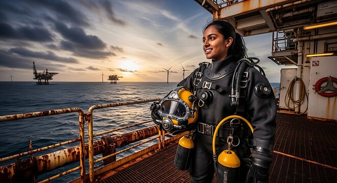Smiling female diver in full suit and helmet on an offshore platform at sunset, with oil rigs and wind turbines in the background, representing modern energy industry and professional women.